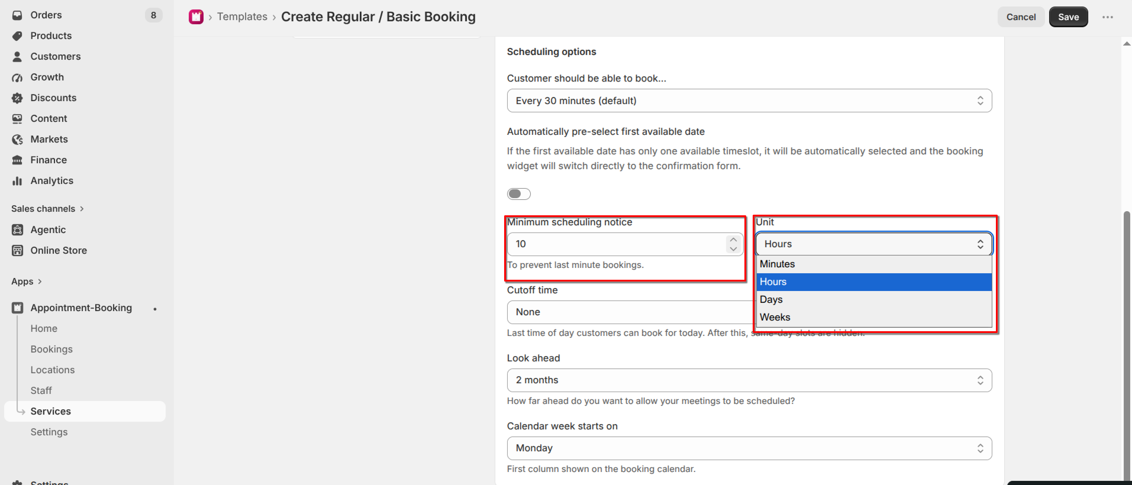 Scheduling options with Minimum scheduling notice and the Unit dropdown (Minutes, Hours, Days, Weeks) expanded and highlighted